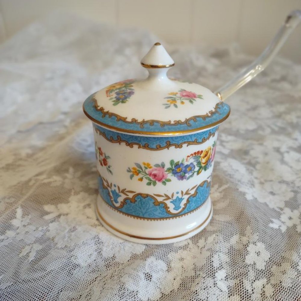 English fine bone china conserve pot: Crown Staffordshire jam jar/ honey